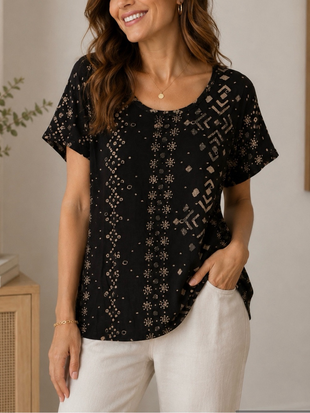 Lucky Brand Black Short Sleeve Top with Tan Geometric Print